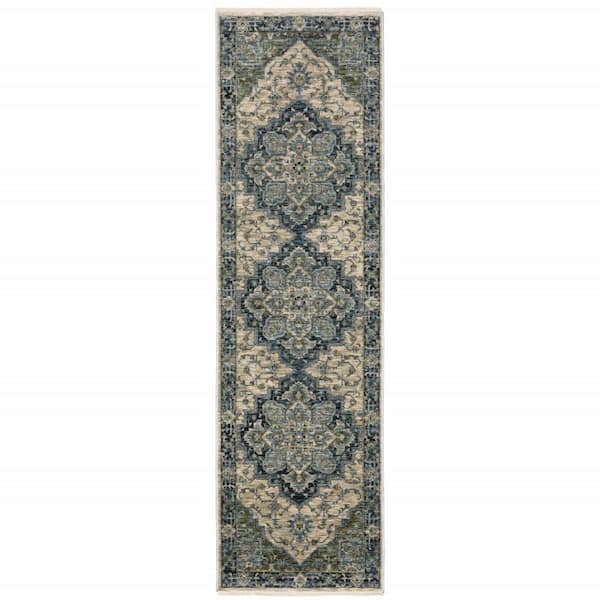 Blue and Beige 2 ft. x 8 ft. Oriental Power Loom Fringe with Runner Rug