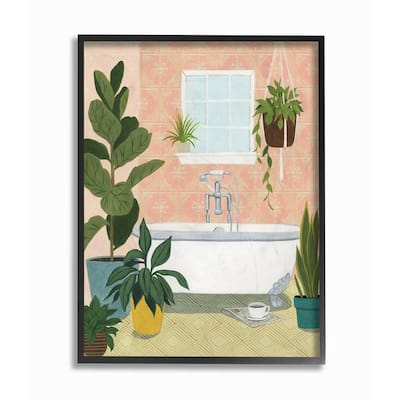 11 in. x 14 in. "Peach Walls Bathroom Oasis Scene with Fiddle Leaf Plants" by Grace Popp Framed Wall Art