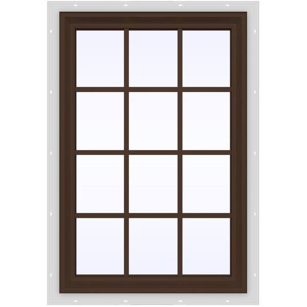JELD-WEN 35.5 in. x 47.5 in. V-2500 Series Brown Painted Vinyl Fixed Picture Window with Colonial Grids/Grilles