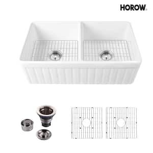 White Fireclay 33 in. Double Bowl Farmhouse Apron Kitchen Sink Workstation Kitchen Sink with Bottom Grid