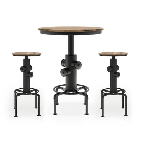 Furniture of America Wyette 3-Piece Round Wood Top Antique Black and Natural Tone Bar Table Set