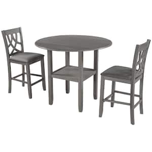 Grey 3-Piece Wood Round 42 in. Counter Height Outdoor Dining 4 Leg Base Table Set with Gray Cushions
