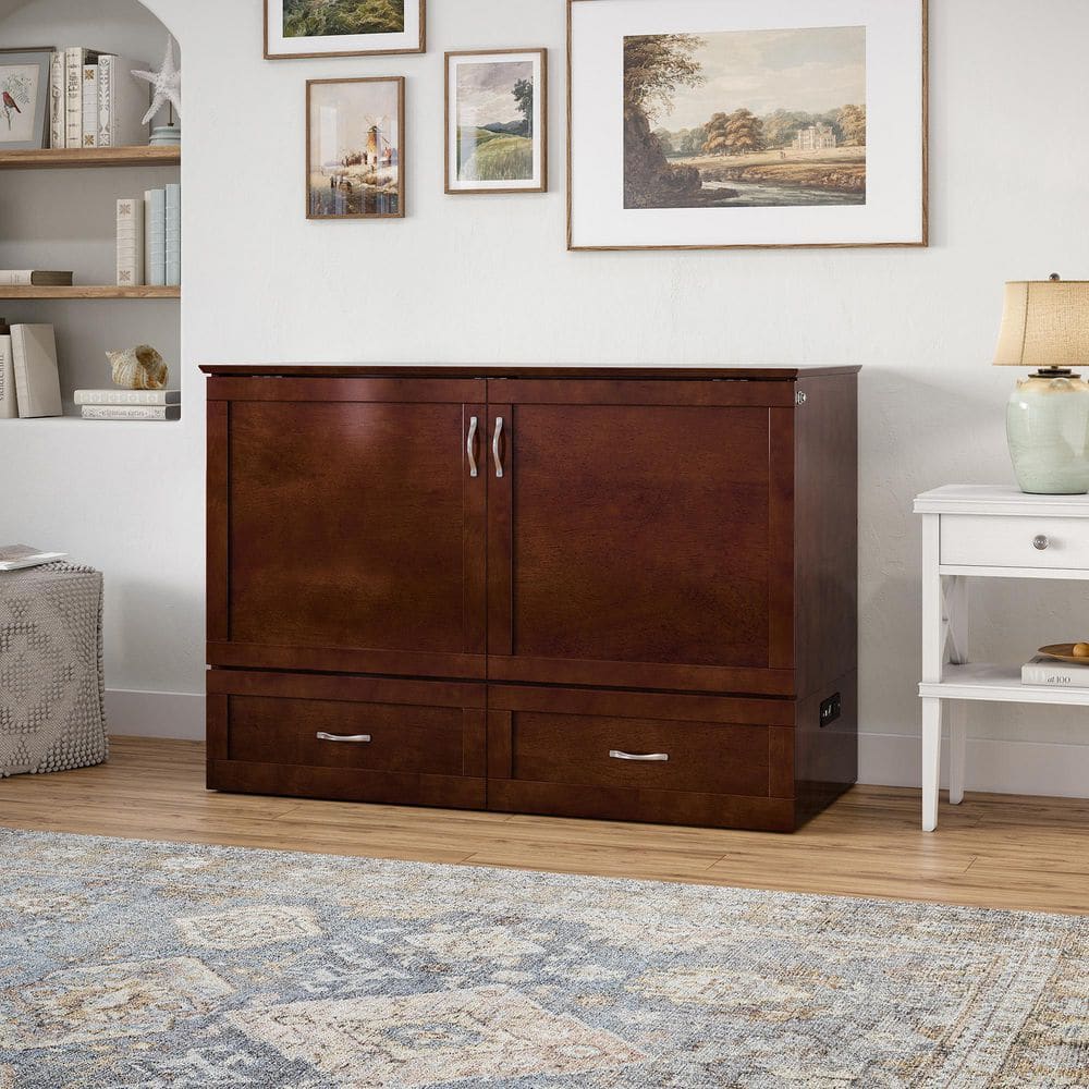 Walnut Full Murphy Bed Chest with Upholstered Wood Frame and Drawer