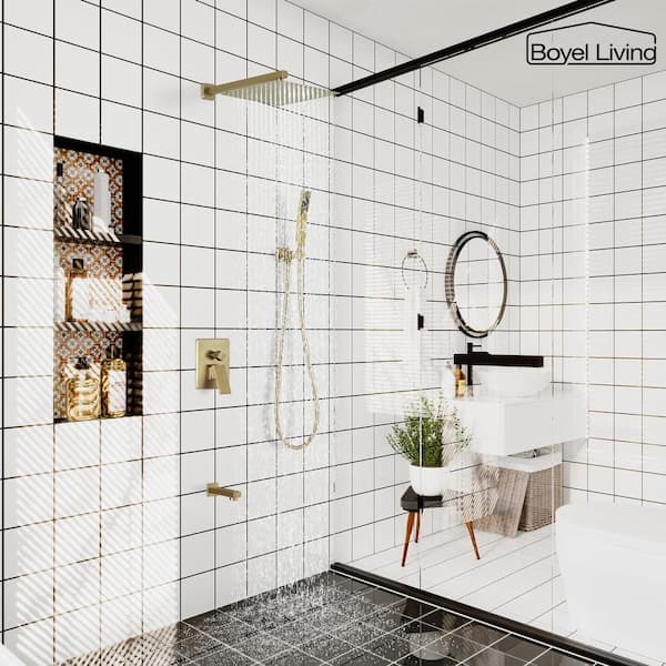 Single-Handle 1-Spray 2.5 GPM Tub and Shower Faucet with 12 in. Fixed Shower Head in Brushed Gold (Valve Included)
