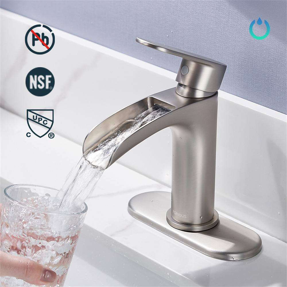 Brushed Nickel Waterfall Single Handle Bathroom Faucet with Pop-Up Drain