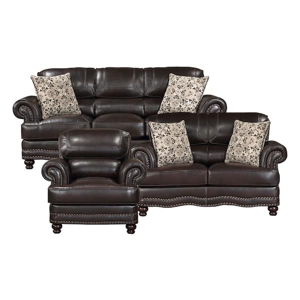 Beyen 88 in. W Rolled Arm Faux Leather Rectangle 3-Piece Living Room Sofa Set in. Brown