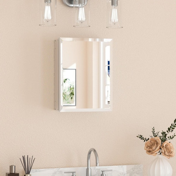 14 in. W x 18 in. H Rectangular Beveled Frameless Metal Silver Surface Mount/Recessed Medicine Cabinet with Mirror