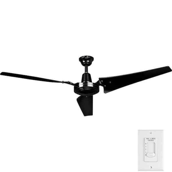 Hampton Bay Industrial 60 in. Indoor/Outdoor Black Ceiling Fan with Wall Control, Downrod and Powerful Reversible Motor