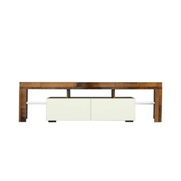 LUCKY ONE Hiro 63 in. White and Brown MDF TV Console LED Entertainment Center with Storage Shelves and Drawers