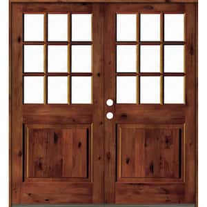 72 in. x 80 in. Craftsman Knotty Alder Wood Clear 9-Lite Red Chestnut Stain Right Active Double Prehung Front Door