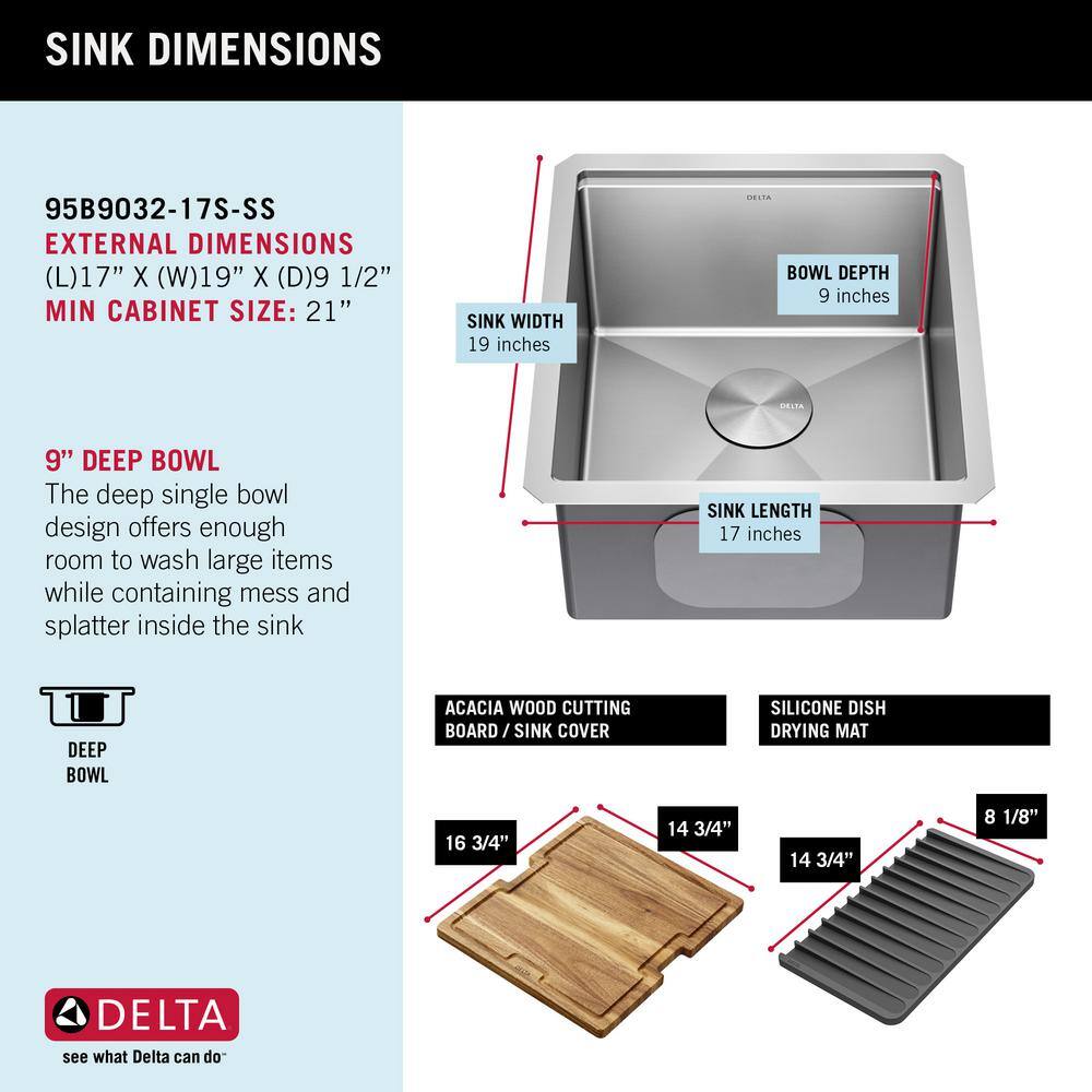 Delta 17" Stainless Steel Undermount Bar Prep Sink with WorkFlow Ledge