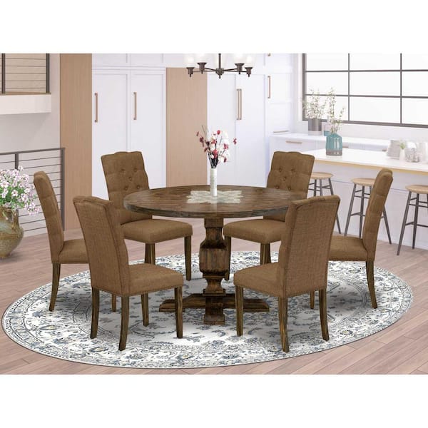 East West Furniture 3-Piece Distressed Jacobean Finish Solid Wood Top Dining Table with 2-Upholstered Chairs with Lattice Back