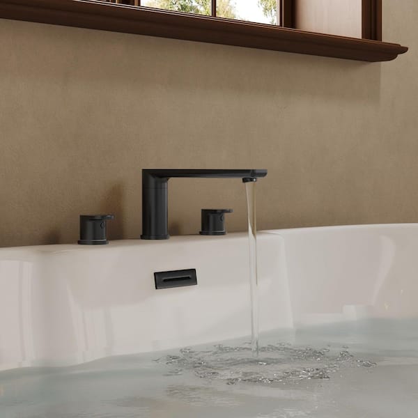 2-Handle Deck-Mounted Low Arc Roman Tub 1-Spray Tub and Shower Faucet 2.8 GPM in Matte Black Spot Resist Valve Included