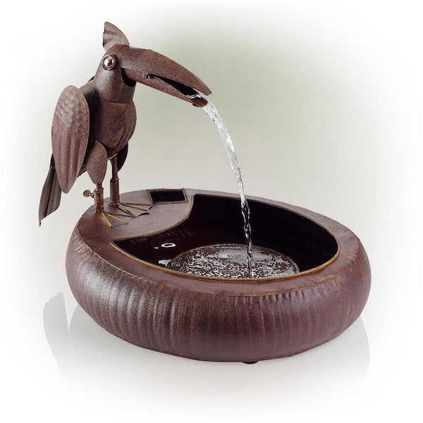 Alpine Corporation - 16 in. Tall Indoor/Outdoor Rustic Metal Toucan Water Fountain Yard Statue Decoration, Brown