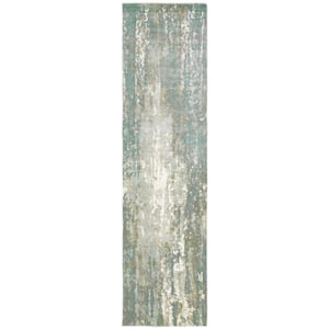 Formosa Blue 2 ft. x 10 ft. Modern Abstract Distressed Hand-Loomed Viscose Indoor Runner Area Rug