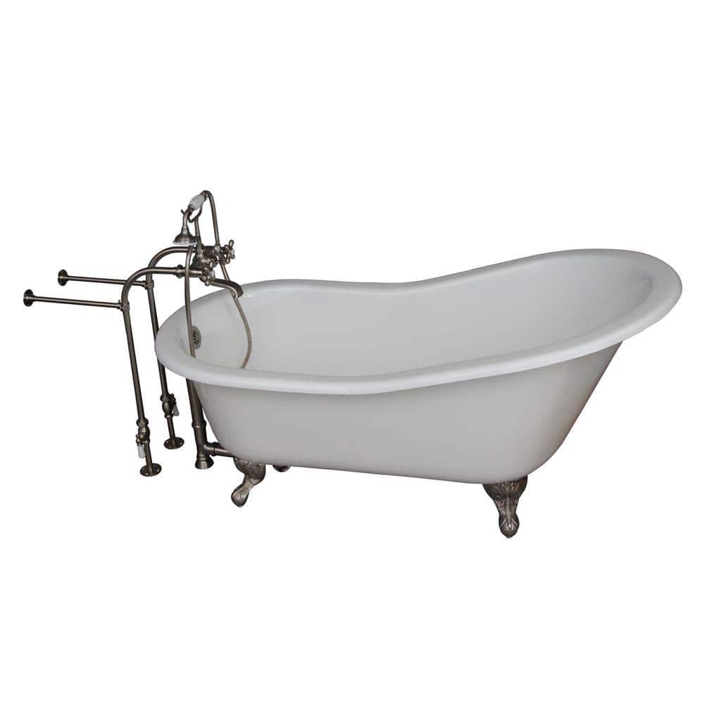 67" White Cast Iron Clawfoot Slipper Tub with Brushed Nickel Accessories