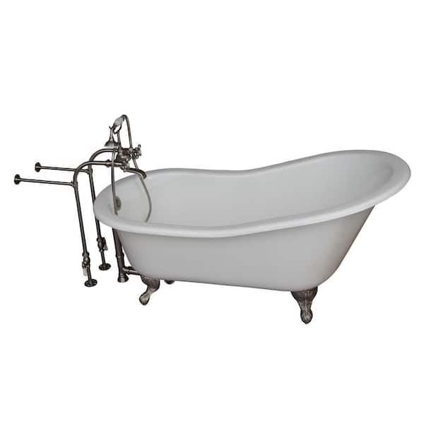 Barclay 5 Ft. Cast Iron White Slipper Tub Kit with Brushed Nickel Accessories, Metal Cross Handle