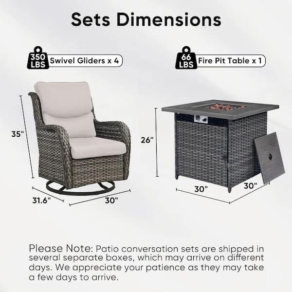 Luxury 5-Piece Gray Wicker Fire Pit Conversation Set with Olefin Beige Cushions and Swivel Glider Rocking Chairs