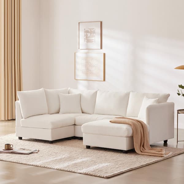 sumyeg 89 in. Modern L-Shaped Polyester Sectional Sofa in White with Convertible Ottoman