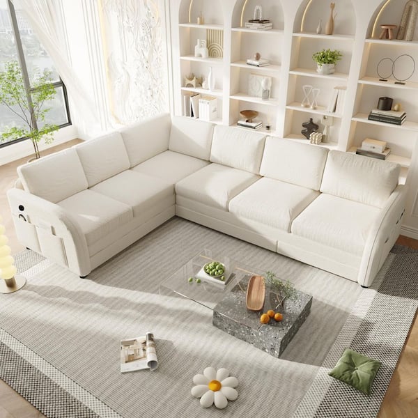 Mercy 115.2 in. Beige Plus White Teddy Fabric Upholstery King Size Sofa Bed with Pull-Out Bed, Side Pockets, USB Port