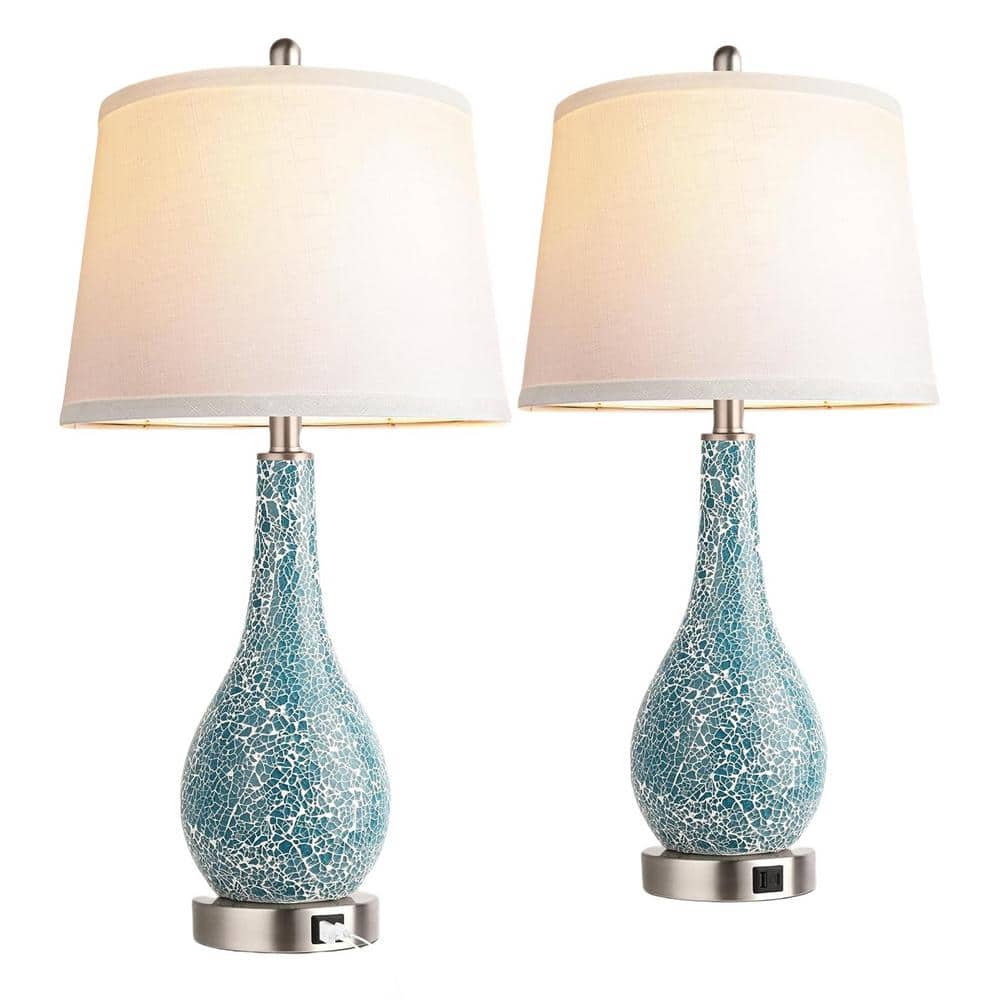 2-Pack 26 in. H Blue Crackle Table Lamp with USB A+C Ports Coastal Large Ni