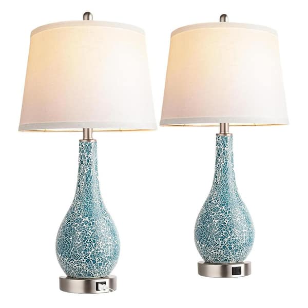 Unbranded 2-Pack 26 in. H Blue Crackle Table Lamp with USB A+C Ports Coastal Large Nightstand Lamp Bedside Lamp(LED Bulb Included)