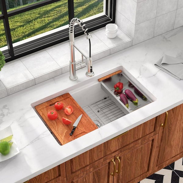 LORDEAR 33 in. x 19 in. Undermount Single Bowl Ceramic Workstation