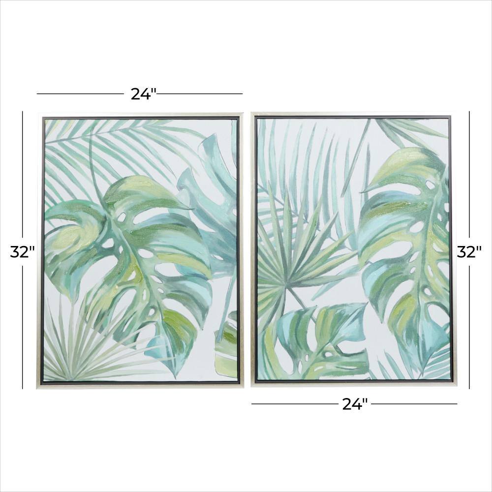 Green Tropical Leaf Framed Canvas Wall Art Set with Silver Frame
