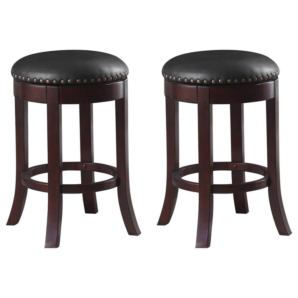 24" Brown Faux Leather Swivel Counter Stools with Wood Legs