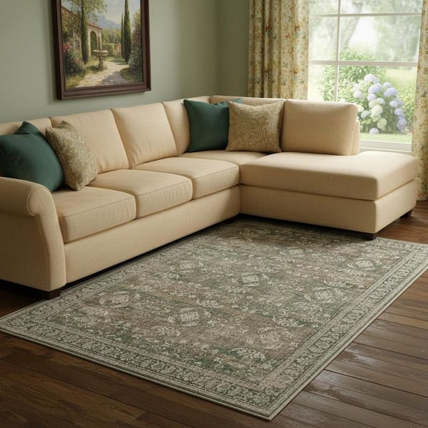 9 ft. x 12 ft. Brown Ivory And Green Floral Medallion Washable Area Rug