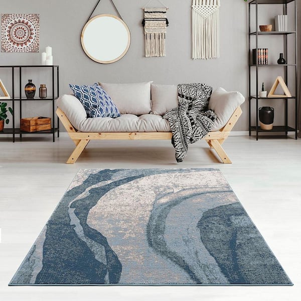 8 ft. x 10 ft. Abstract Blue Wave Pattern Area Rug Machine Woven Cut & Loop Medium Pile Rug for High-Traffic Areas