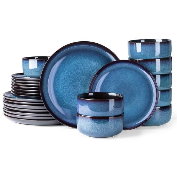 24-Piece Blue Ceramic Dinnerware Sets Service for 8, Highly Chip and Crack Resistant, Dishwasher & Microwave & Oven Safe