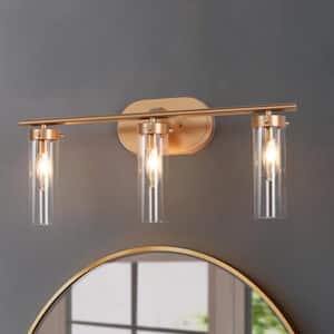 Antique Gold Modern 3-Light Bathroom Vanity Light 21.5 in. Powder Room Wall Light with Cylinder Clear Glass Shades