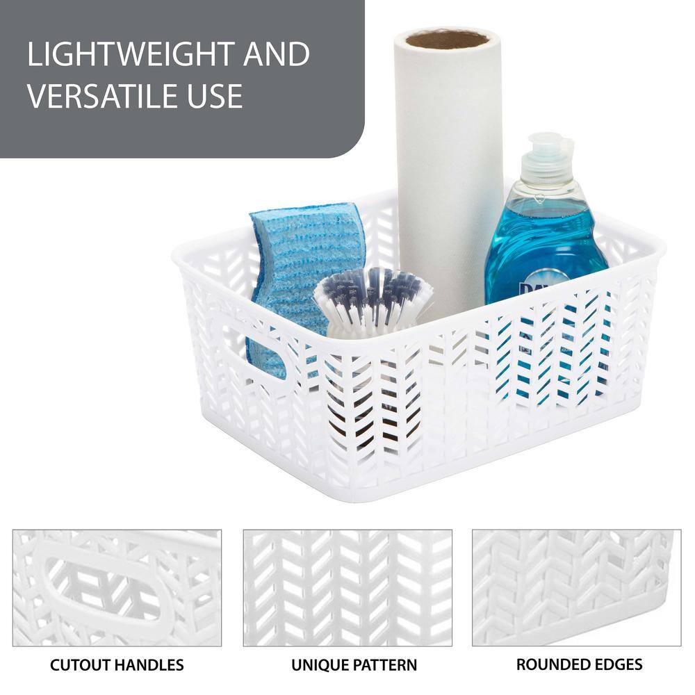 Small White Herringbone Plastic Storage Baskets with Handles, 3-Pack