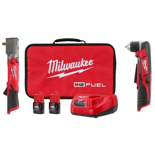 M12 FUEL 12V Lithium-Ion Brushless Cordless 3/8 in Right Angle Impact Wrench Kit w Two 2.0Ah Batteries&Right Angle Drill