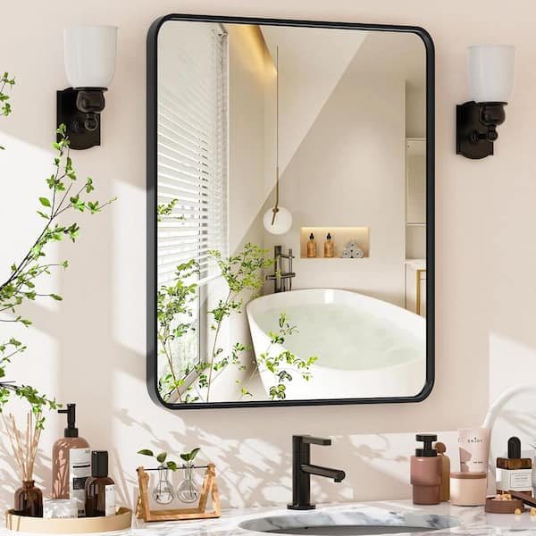 THY-HOM Spartan Black Frame 20 in. W x 30 in. H Modern Medium Size Tempered Wall Mirror Aluminum Alloy Framed Bathroom Mirror