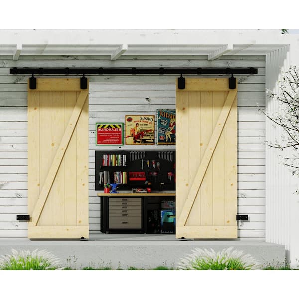 96 in. x 84 in. Z-Shaped Solid Pine Wood Light Brown Primed Exterior Assembly Required Barn Door with Hardware Kit