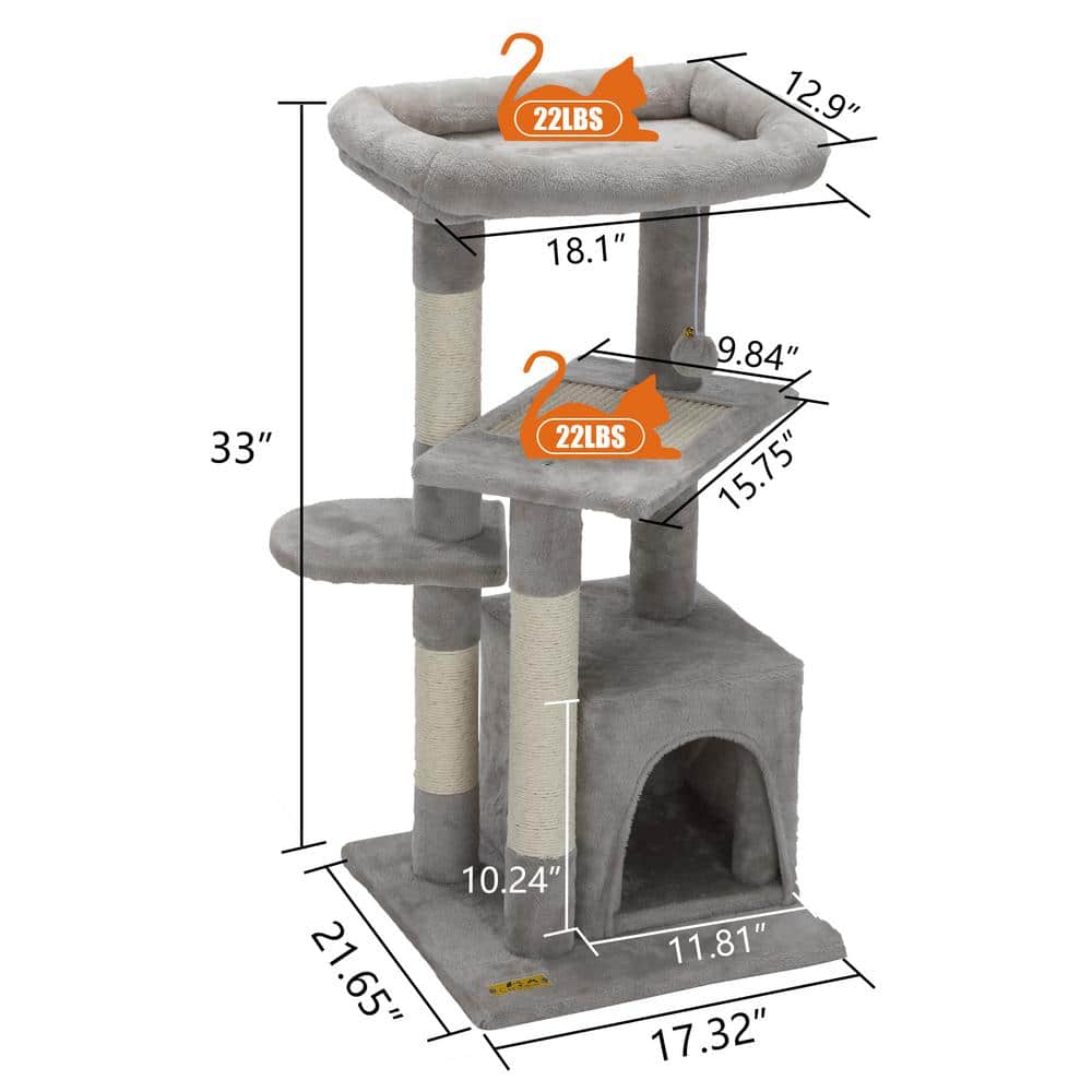 Light Gray Plush Cat Tree with Sisal Scratching Posts and Condo