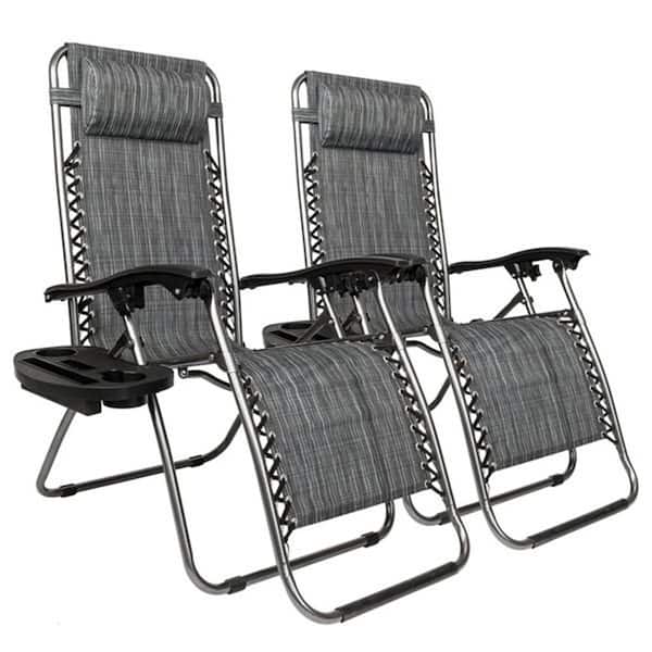 Foldable Outdoor Lounge Camping Chair Set of 2, Zero Gravity Chair with Pillow and Utility Tray Adjustable-Gray