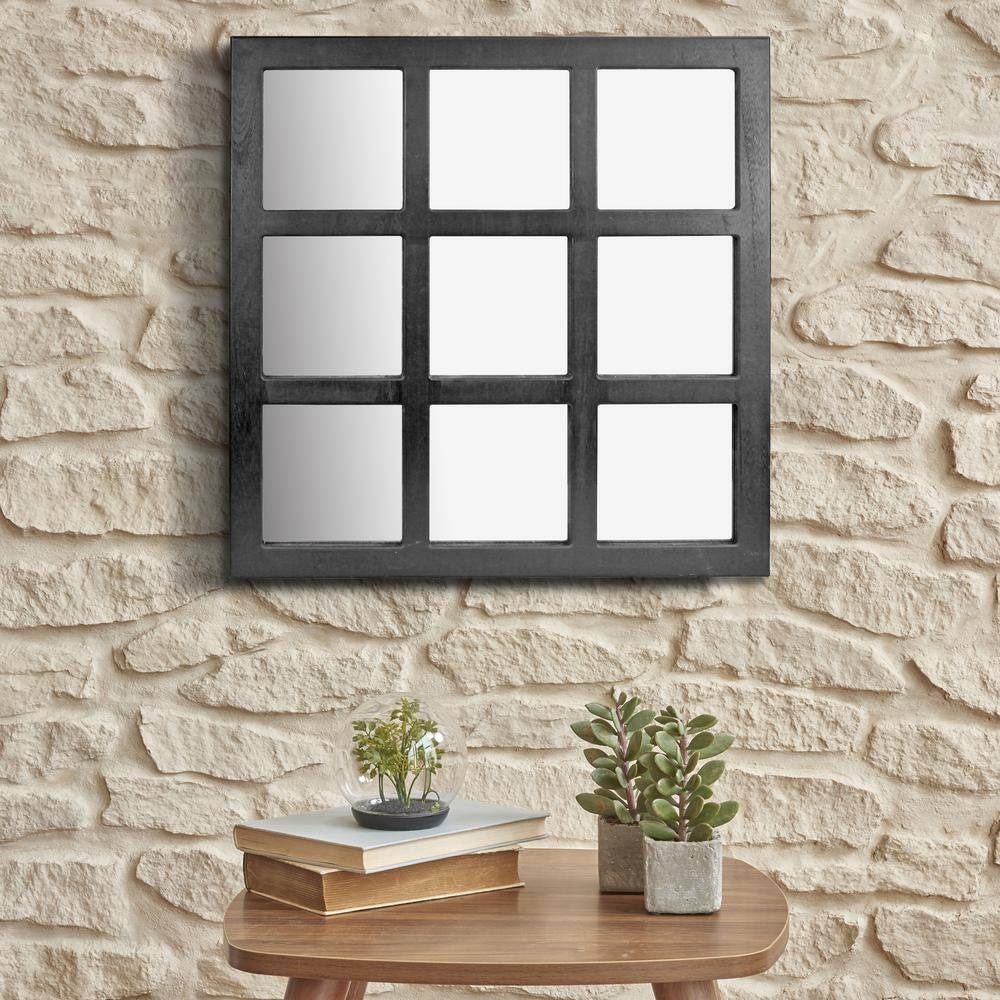 23.5" Black Rustic Wood 9-Panel Square Wall Mirror