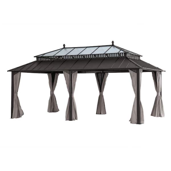 Kingston 20 ft. x 12 ft. Hardtop Gazebo with Steel Roof, Brwon Aluminum Frame, Curtains, and Netting