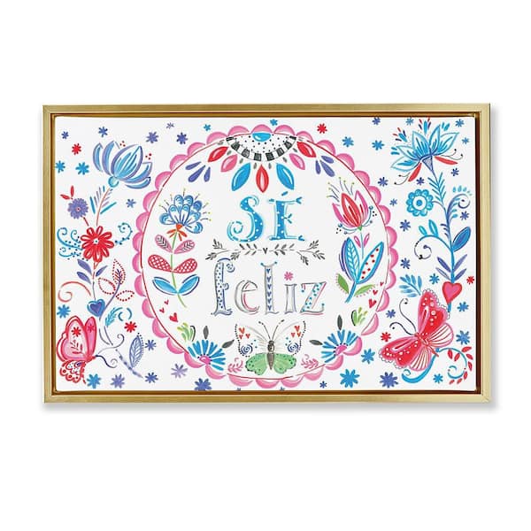 Stupell Industries Be Happy Floral Butterflies by SD Graphics Studio Gold Floater Frame Typography Graphic Art Print 21 in. x 31 in.