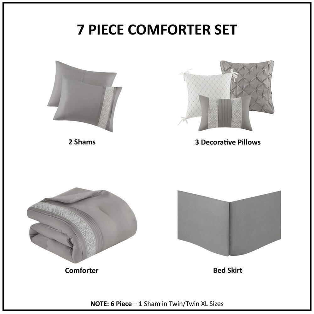 Gray Queen Microfiber 7-Piece Comforter Set with Decorative Crochet