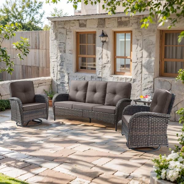 SleekArm 4-Piece Brown Wicker Patio Conversation Set with Olefin Gray Cushion and Outdoor Swivel Glider Chairs