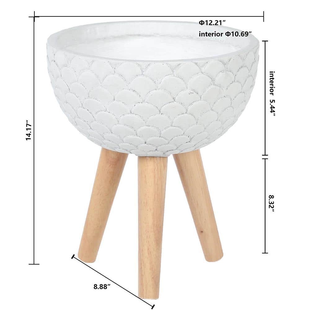 White Scallop Embossed Round Planter with Wood Legs