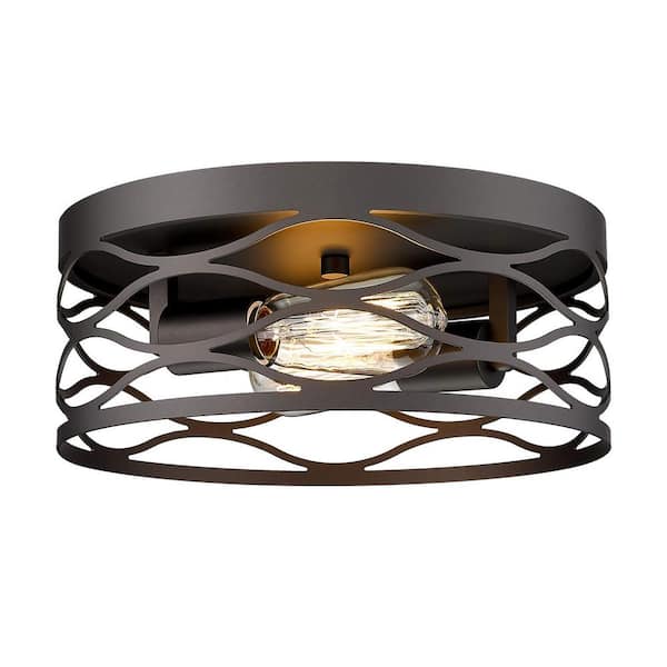 JAZAVA 12 in. 2-Light Metal Cage Oil Rubbed Bronze Flush Mount