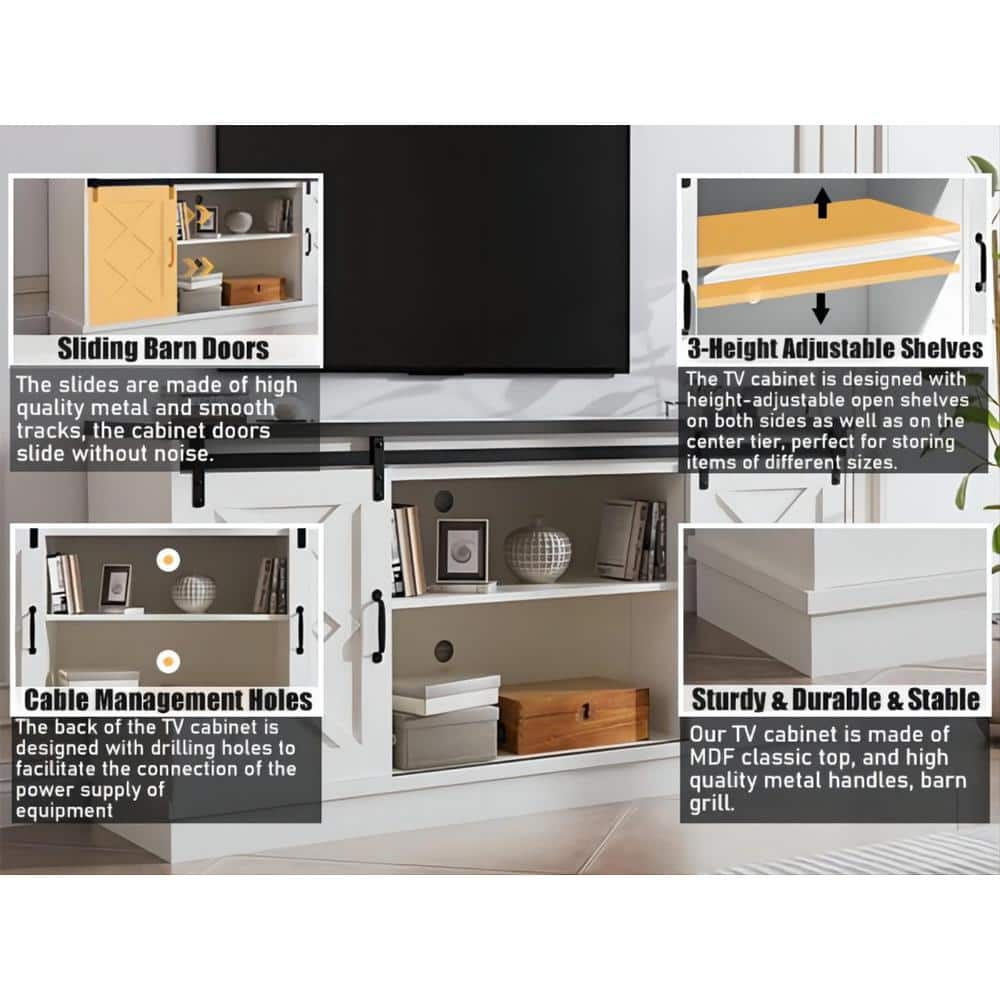 White Farmhouse 58" TV Stand with Sliding Barn Doors