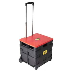 Wheeled Collapsible Handcart with Lid Seat Stool, Red