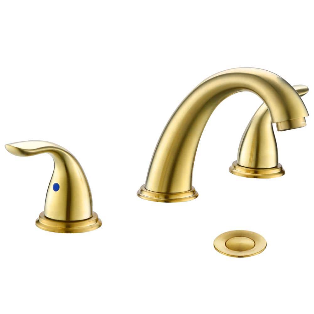 Phiestina 8 in. Widespread 2-Handles 3-Holes Deck Mount Bathroom Faucet, with Stainless Steel Pop-Up Drain in Brushed Gold -  HDWF008-5-BG