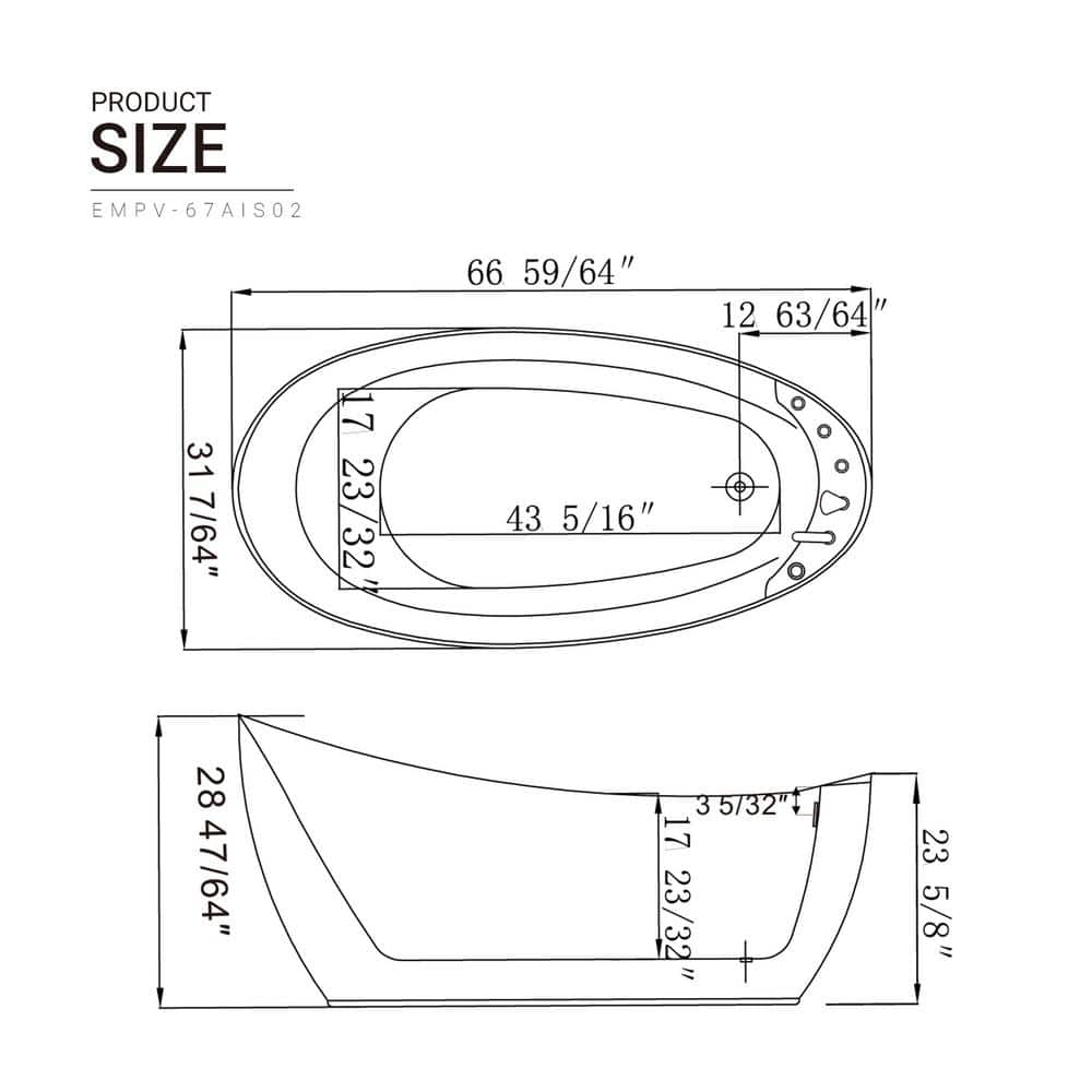 67'' White Acrylic Freestanding Whirlpool Bathtub with Faucet